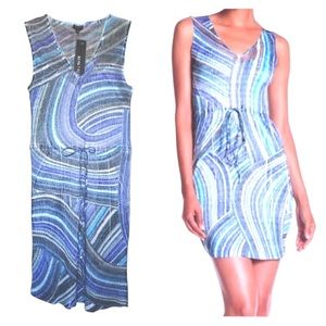 $184 KOMAROV Blue Crinkle Mini Dress Large 10 Easy Colorful Stretchy Travel NWT
